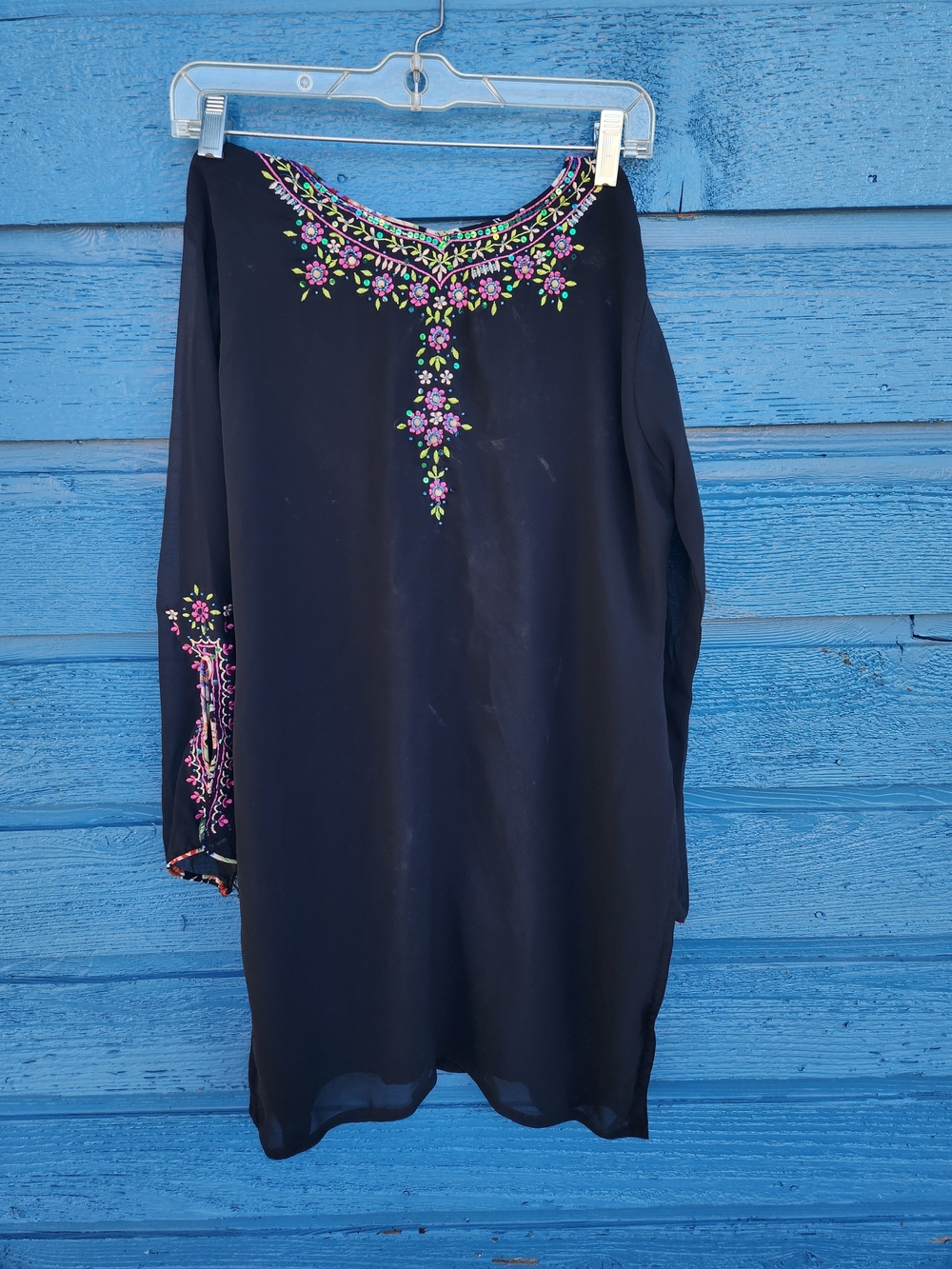 Black Embroidered Tunic Dress with Pink Floral Accents - Picture 7 of 8
